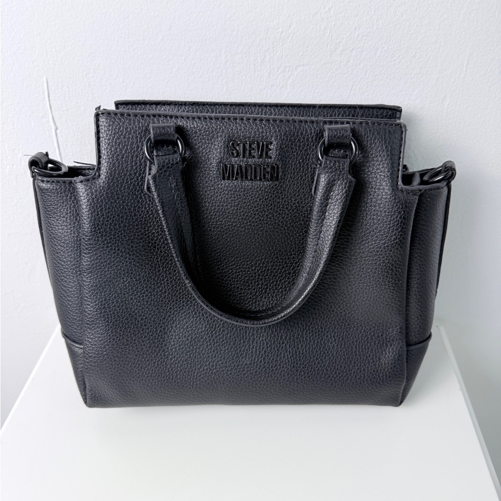 Steve Madden Black Pebbled Faux Leather Satchel Tote Handbag Top Handle Purse